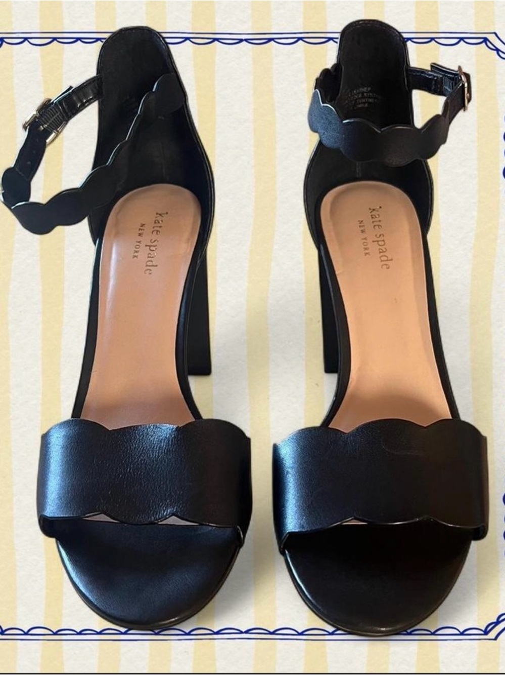 Kate Spade New York Black Leather Scallop Ankle-Strap Block Heel Sandals - Picture 6 of 6